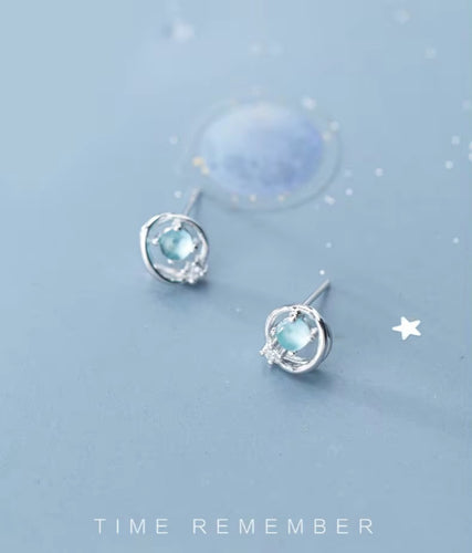 pendientes de plata de ley 100% para mujer y niña, joyería fina con ópalo redondo azul