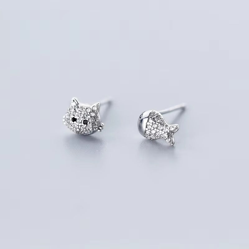 dazzling-pendientes de plata de ley 925 con cara de gato y pez, joyería fina, con cierre de tuerca