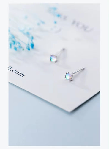 Simple Tiny Multi Color Opal Stud pendientes dulce clásico 925 Plata de Ley redondo joyería de cristal para mujer regalo de fiesta