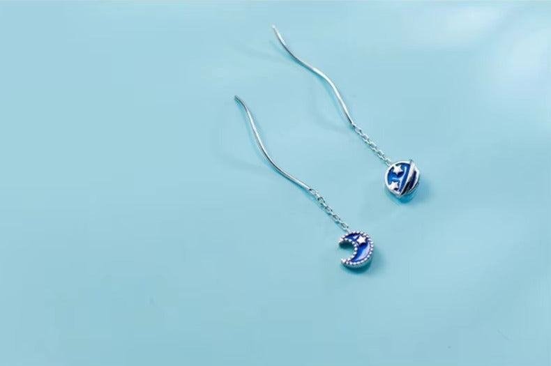 pendientes de gota de Planeta y Luna esmaltados para mujer, cadena larga de Plata de Ley 925