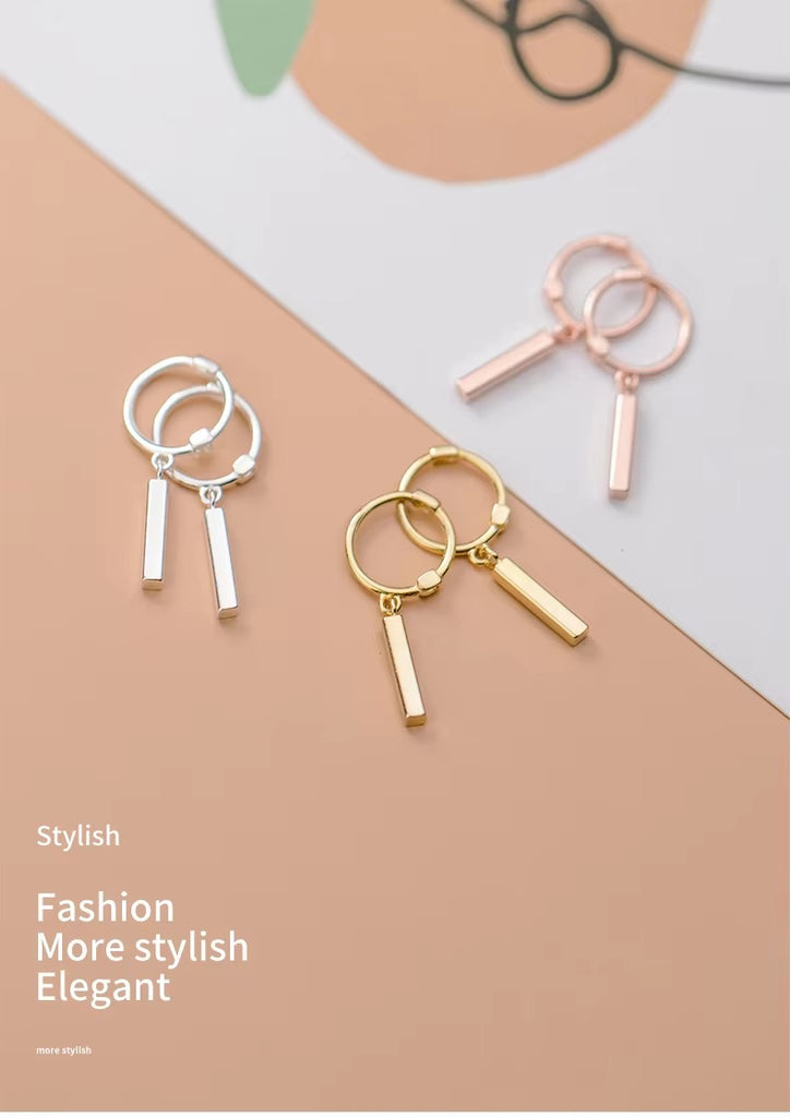 pendientes de aro de Plata de Ley 925 auténtica para mujer, aretes geométricos de palo rectangular