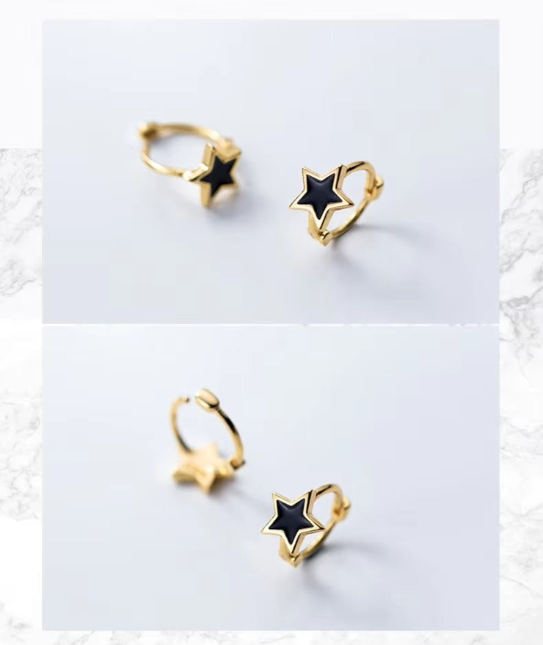 Pendientes de aro esmalte negro joyería con estrellas para niñas y mujeres Color oro