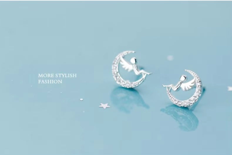 pendientes de plata esterlina 925 para mujer, aretes con forma de Luna brillante de Ángel bonito