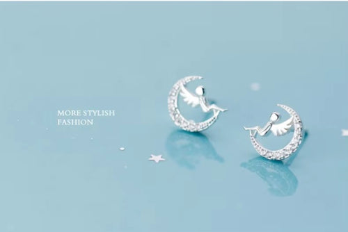 pendientes de plata esterlina 925 para mujer, aretes con forma de Luna brillante de Ángel bonito