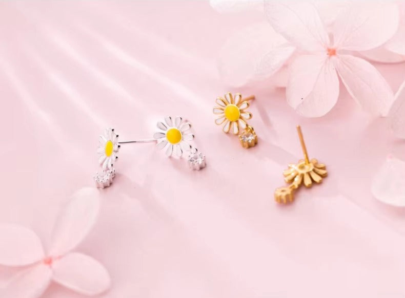 pendientes de tuerca de plata de ley 925 para mujer, joyería de flor de margarita esmaltada