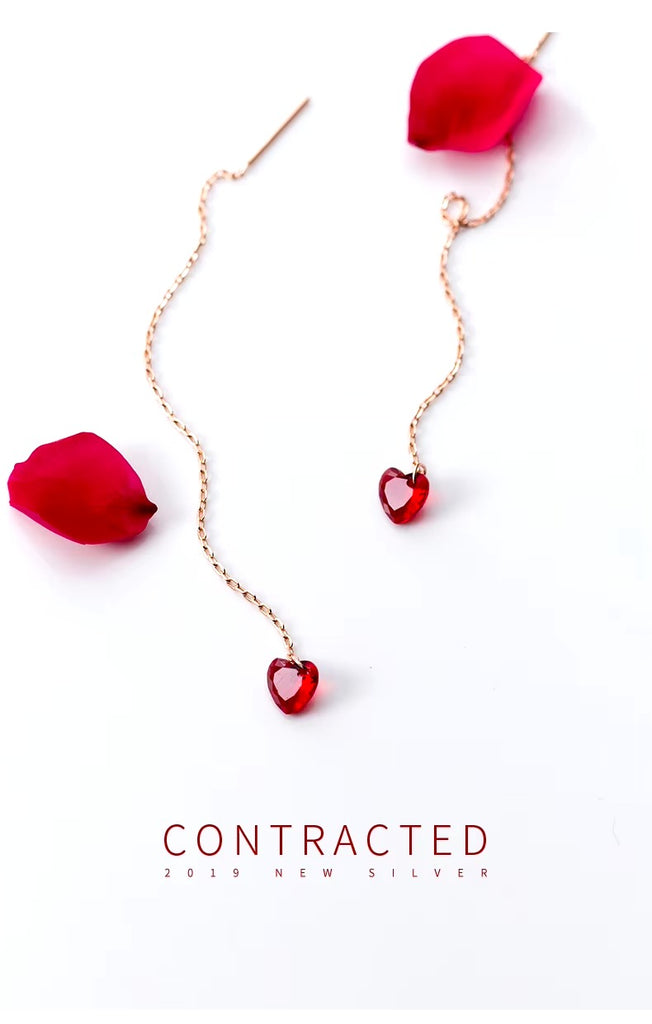 pendientes de plata esterlina 925 para mujer, aretes de cadena con corazones de cristal rojo Simple