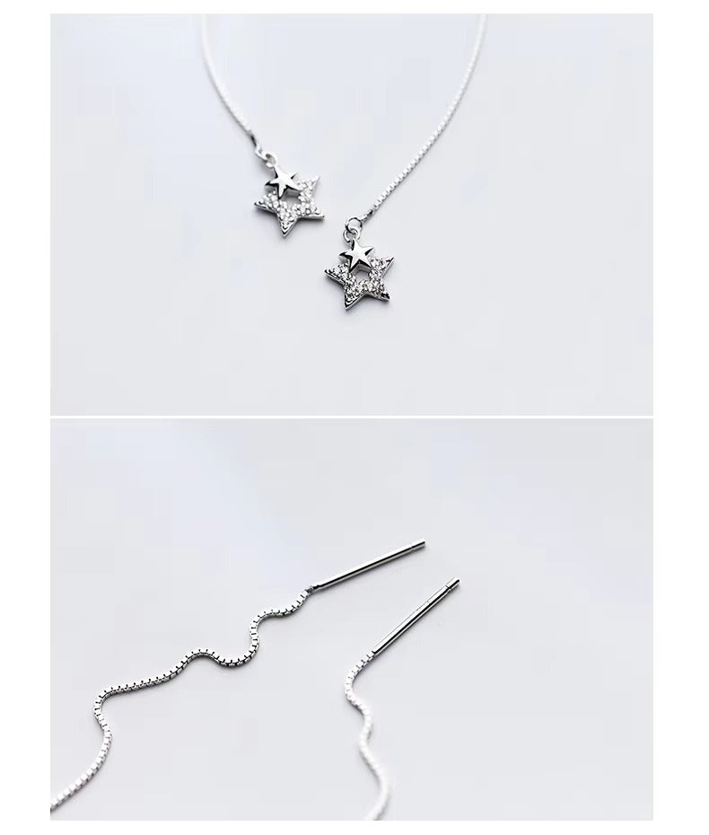 pendientes colgantes de cadena larga para mujer, aretes de Plata de Ley 925 con estrellas geométricas