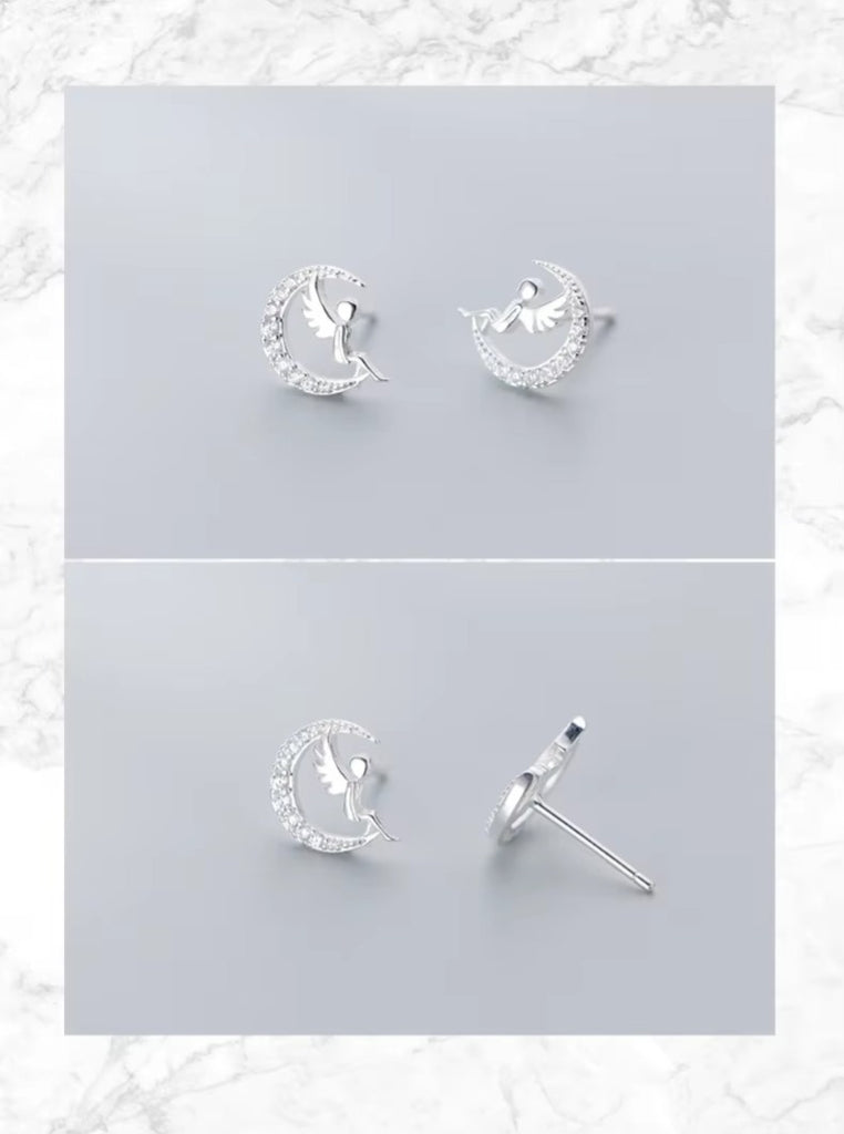 pendientes de plata esterlina 925 para mujer, aretes con forma de Luna brillante de Ángel bonito