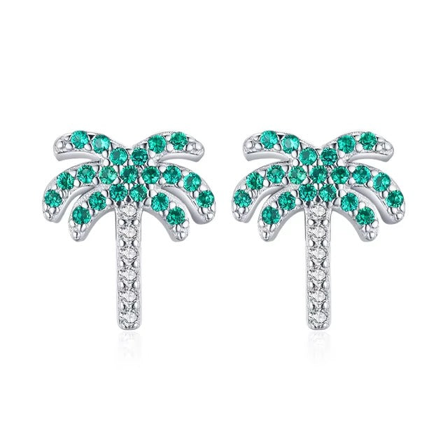 pendientes de tuerca de árbol de Coco para mujer, de cristal verde, planta de plata de ley 2021
