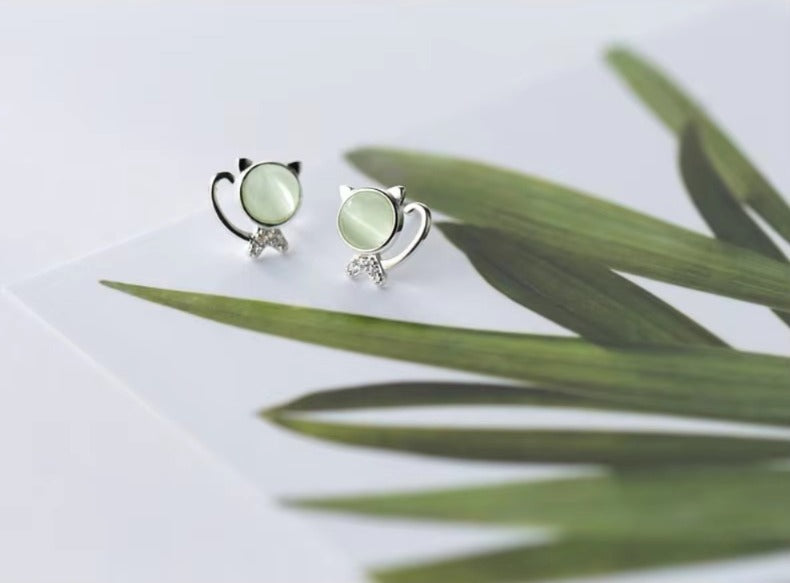 pendientes de plata de ley 925 con forma de gato de la suerte para niños, joyería de cristal verde