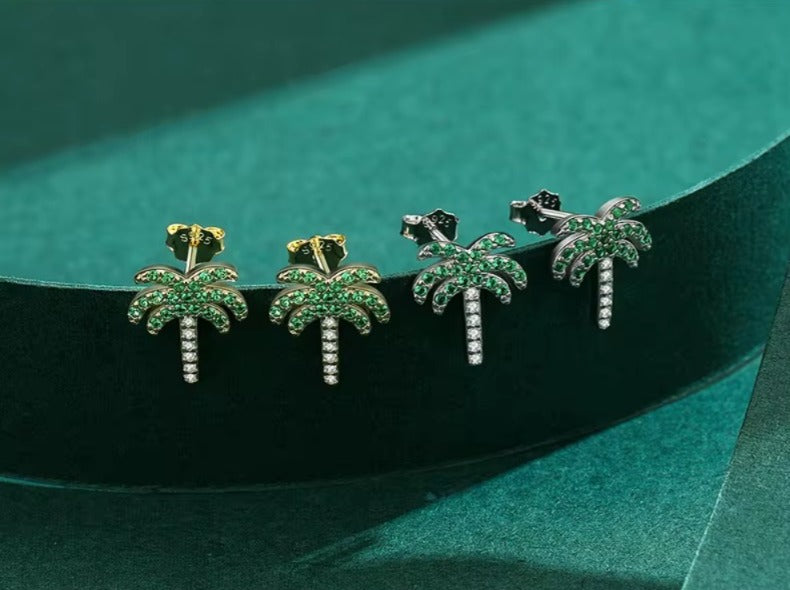 pendientes de tuerca de árbol de Coco para mujer, de cristal verde, planta de plata de ley 2021
