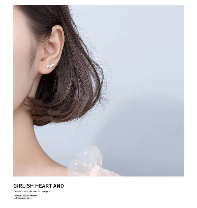 pendientes de tuerca de árbol de hojas pequeñas y lindas para mujer, accesorios coreanos de Plata de Ley 925          e2