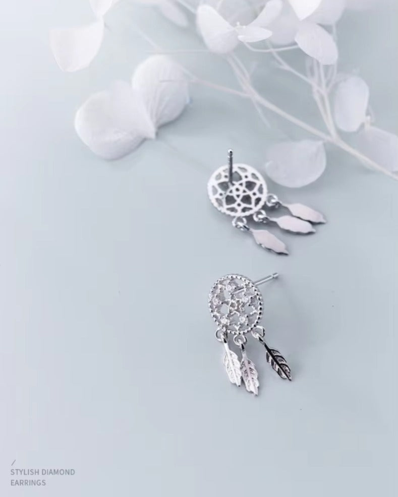 pendientes de plata esterlina 925 para mujer, aretes colgantes con borla de hojas y atrapasueños