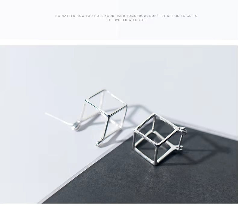 pendientes de plata de ley 925 con forma de cubo cuadrado para mujer