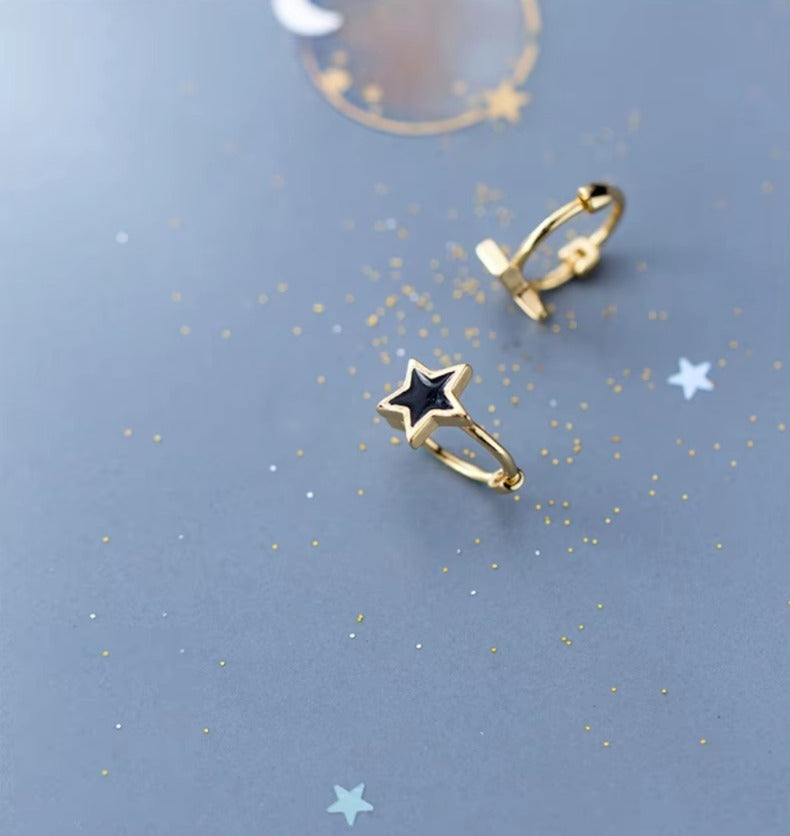 Pendientes de aro esmalte negro joyería con estrellas para niñas y mujeres Color oro