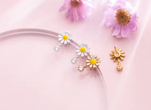 pendientes de tuerca de plata de ley 925 para mujer, joyería de flor de margarita esmaltada