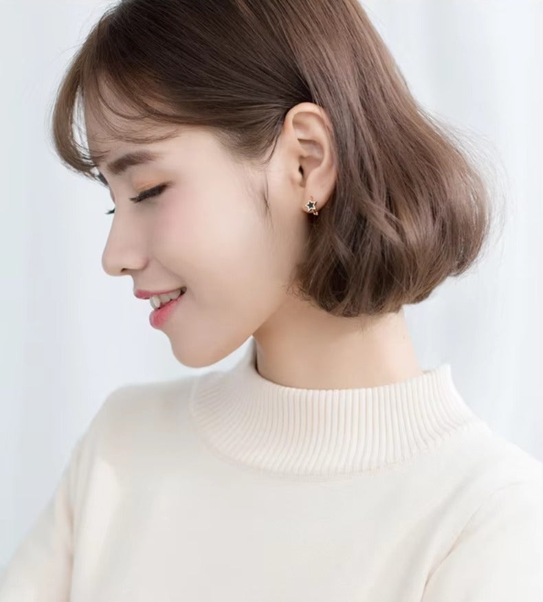 Pendientes de aro esmalte negro joyería con estrellas para niñas y mujeres Color oro