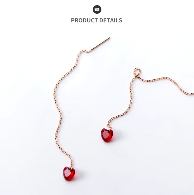 pendientes de plata esterlina 925 para mujer, aretes de cadena con corazones de cristal rojo Simple