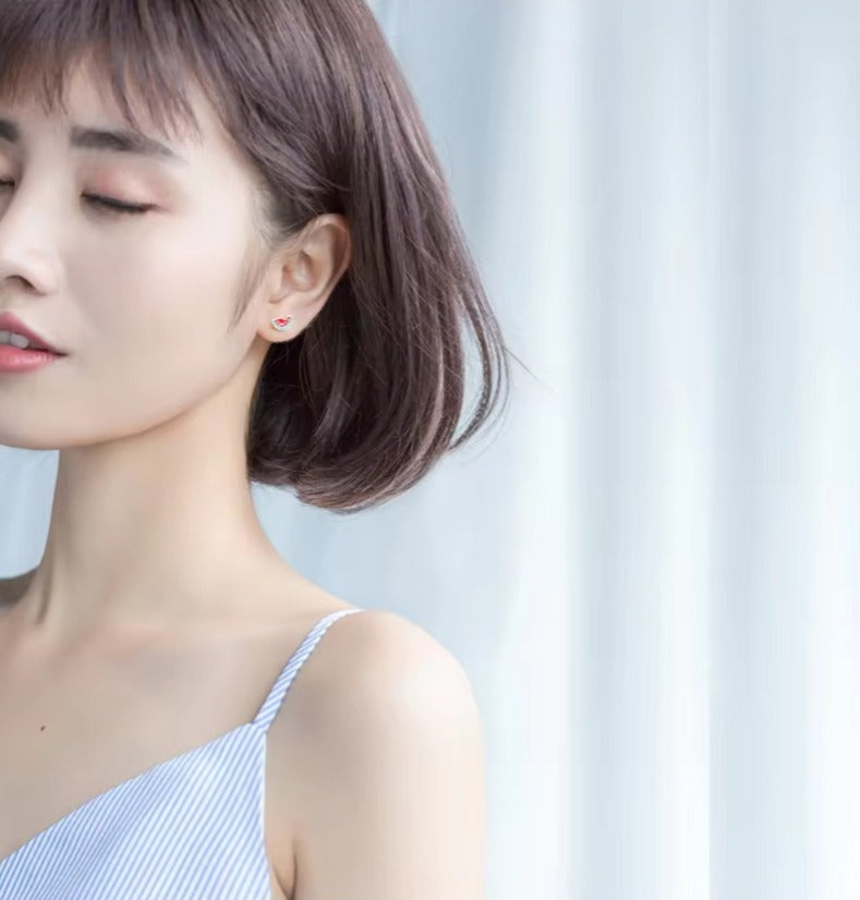 Venta caliente playa fresca sandía Stud pendientes 925 plata esterlina esmalte lindo pendiente para mujer