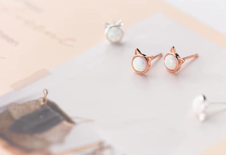pendientes de plata de ley 925 con forma de gato, joyería fina con diseño de ópalo