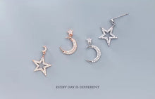 Load image into Gallery viewer, pendientes de plata de ley 925 con forma de luna y Estrella, joyería fina, con brillo