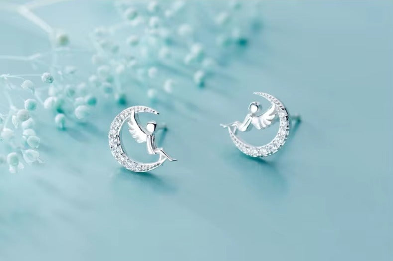 pendientes de plata esterlina 925 para mujer, aretes con forma de Luna brillante de Ángel bonito