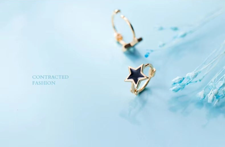 Pendientes de aro esmalte negro joyería con estrellas para niñas y mujeres Color oro