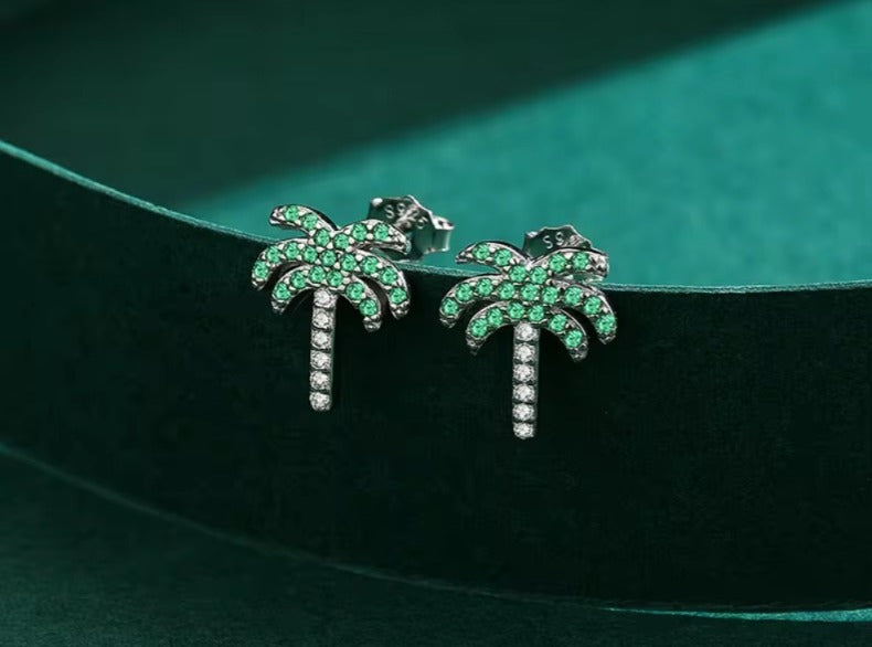 pendientes de tuerca de árbol de Coco para mujer, de cristal verde, planta de plata de ley 2021
