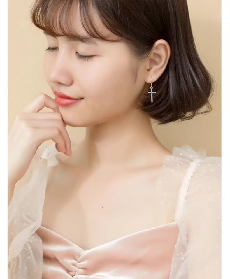 pendientes de plata de ley 925 con forma de cruz para mujer, joyería fina con gancho colgante