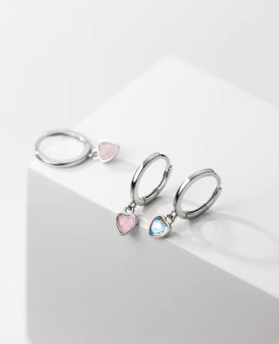 pendientes de aro de Plata de Ley 925 con corazones románticos y piedra lunar para mujer