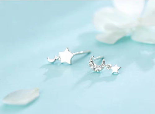 pendientes de plata de ley 925 con forma de luna para mujer