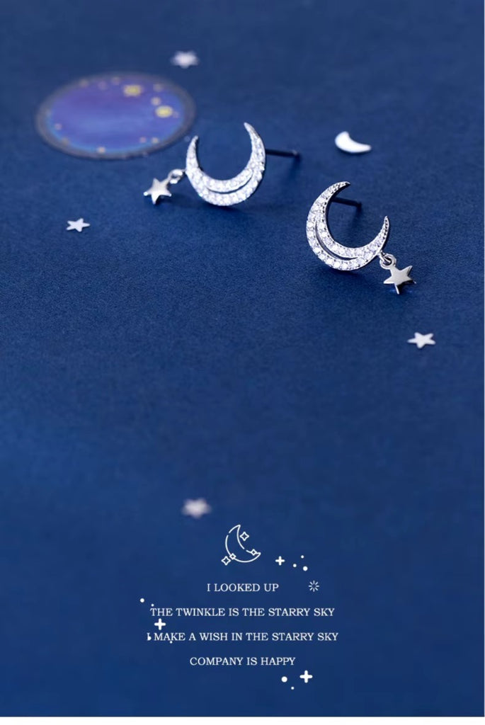pendientes de plata de ley 925 con forma de luna para mujer, aretes brillantes