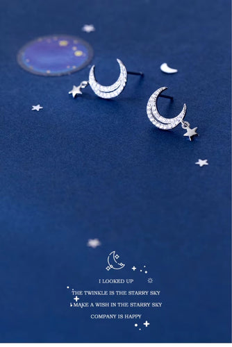 pendientes de plata de ley 925 con forma de luna para mujer, aretes brillantes