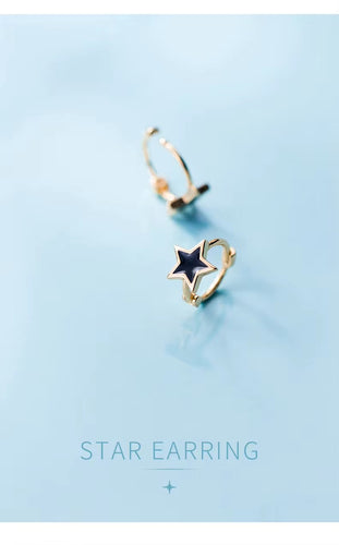 Pendientes de aro esmalte negro joyería con estrellas para niñas y mujeres Color oro