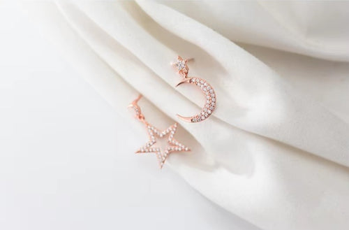 pendientes de plata de ley 925 con forma de luna y Estrella, joyería fina, con brillo