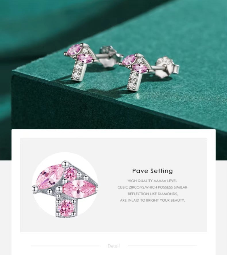 pendientes de plata de ley 100% 925 para mujer, aretes pequeños de seta de circonita rosa
