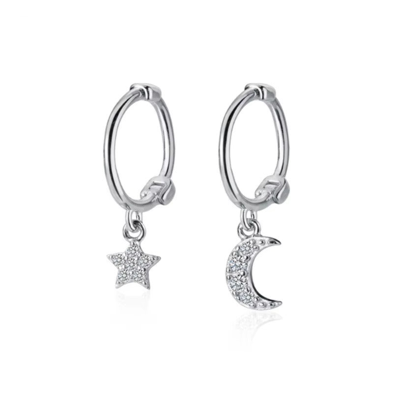 pendientes de aro de Plata de Ley 925 con forma de Luna y estrella centelleante para mujer