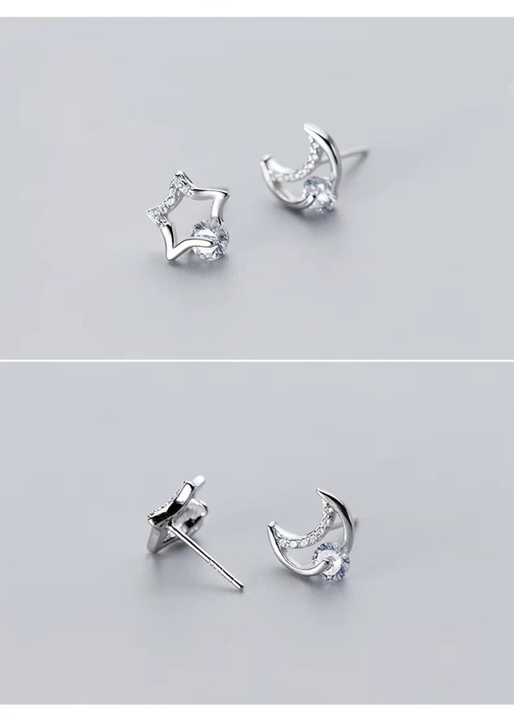pendientes de plata de ley 925 con forma de luna y estrellas para mujer
