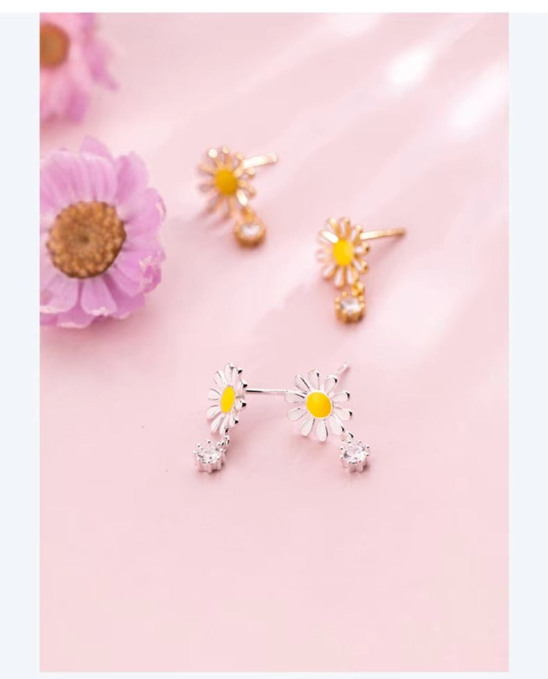 pendientes de tuerca de plata de ley 925 para mujer, joyería de flor de margarita esmaltada