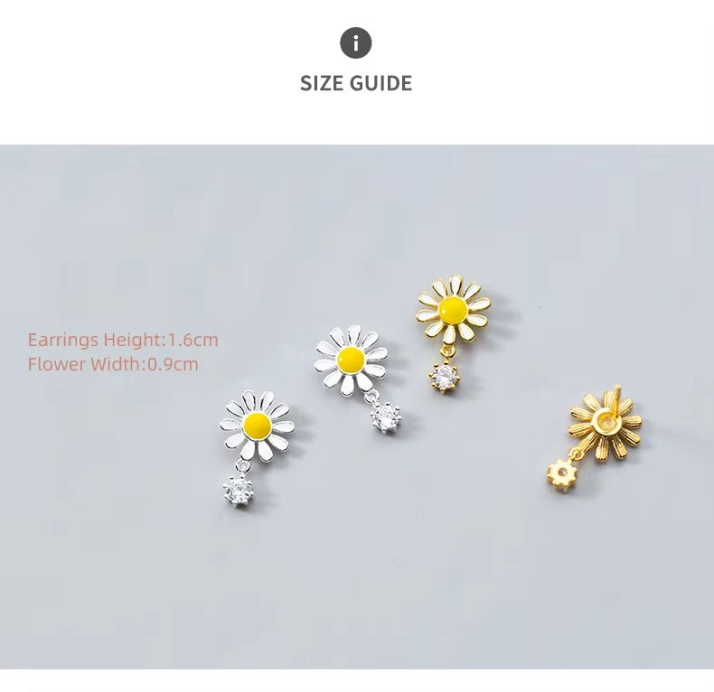 pendientes de tuerca de plata de ley 925 para mujer, joyería de flor de margarita esmaltada