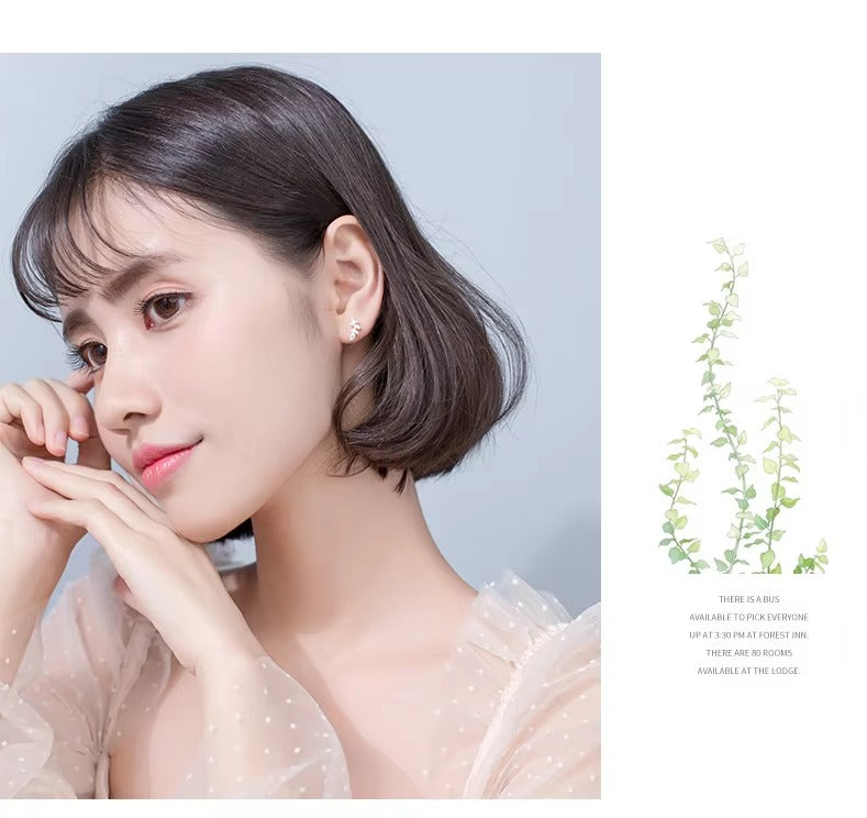 pendientes de tuerca de árbol de hojas pequeñas y lindas para mujer, accesorios coreanos de Plata de Ley 925          e2