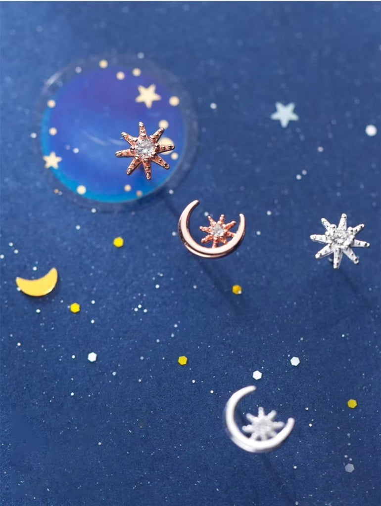 pendientes de plata de ley 925 con forma de luna y sol, joyería de plata