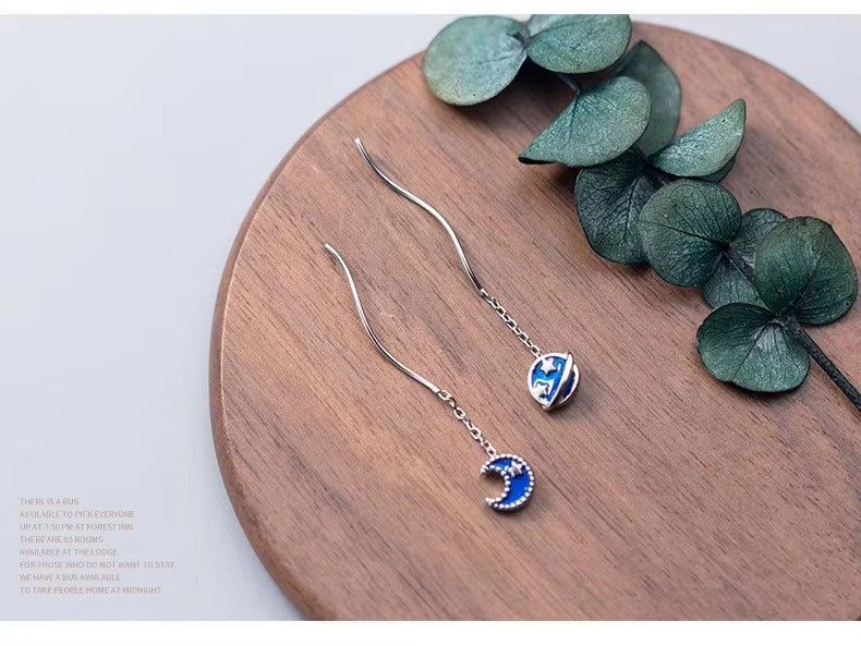 pendientes de gota de Planeta y Luna esmaltados para mujer, cadena larga de Plata de Ley 925