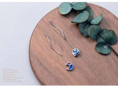 pendientes de gota de Planeta y Luna esmaltados para mujer, cadena larga de Plata de Ley 925