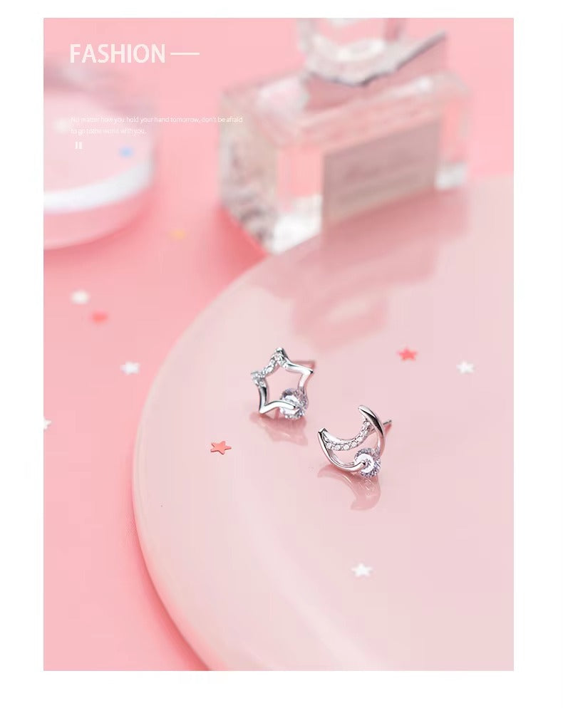 pendientes de plata de ley 925 con forma de luna y estrellas para mujer