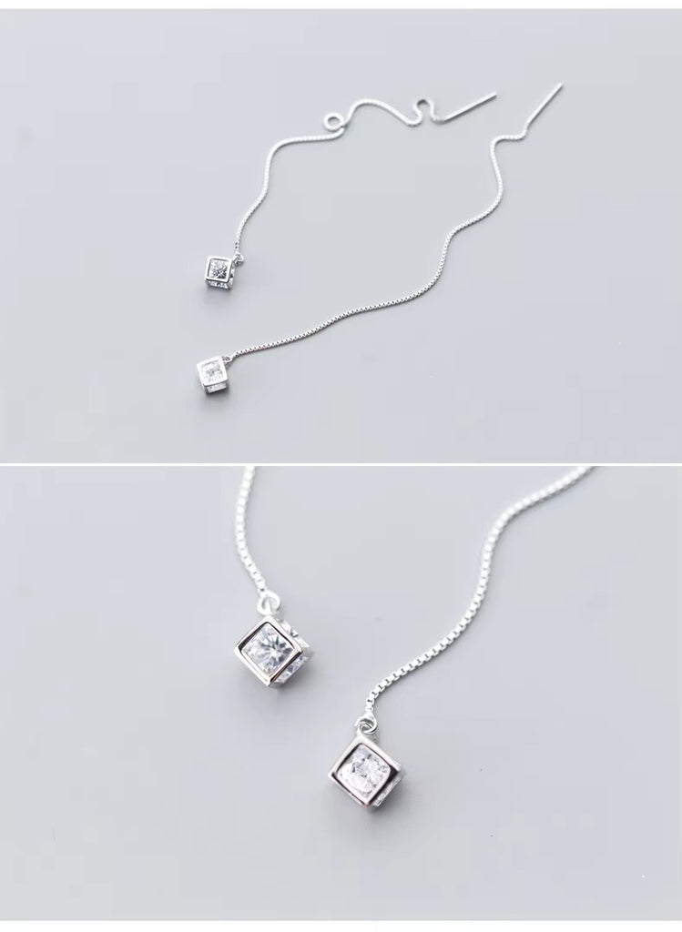 pendientes de plata de ley 925 para mujer, aretes colgantes de cadena larga, cuadrados