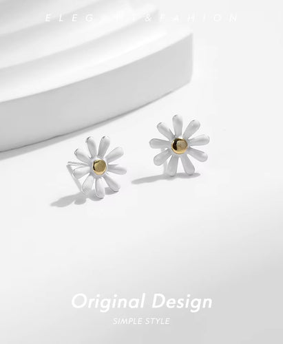 pendientes de plata de ley 925 con diseño de margaritas, aretes sencillos de esmalte blanco