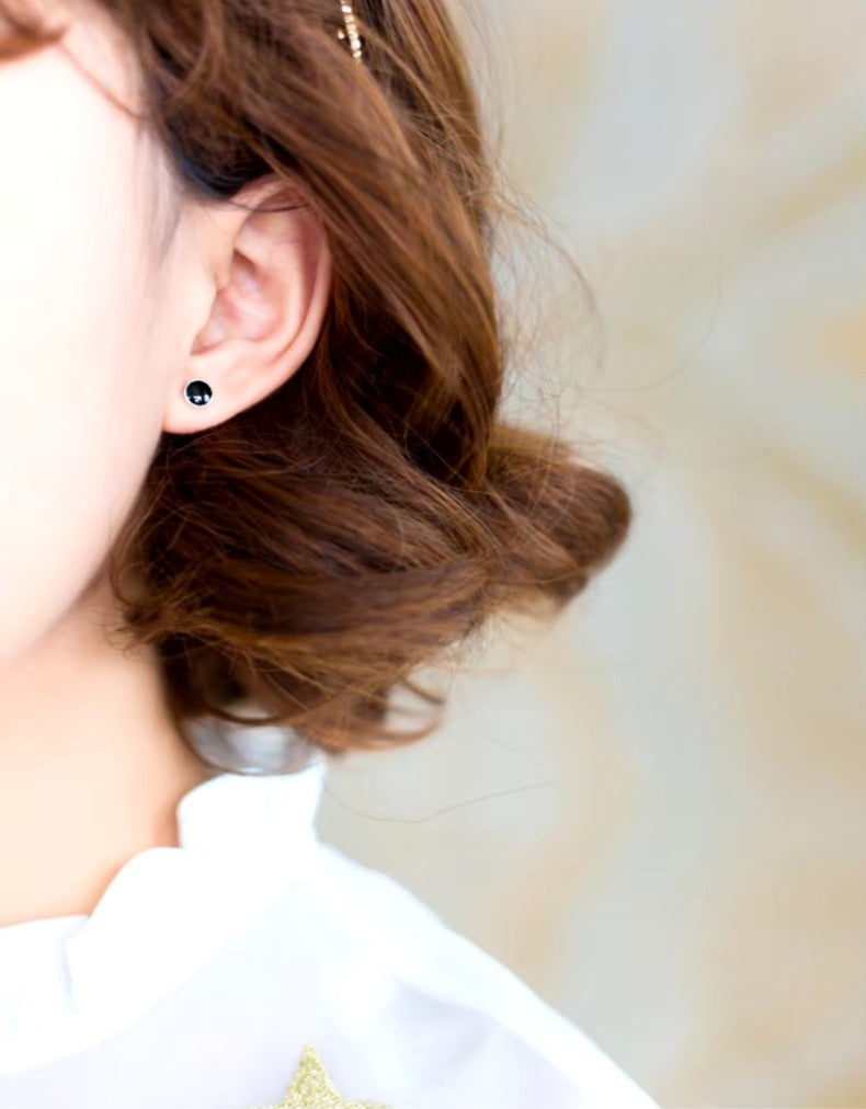 pendientes redondos de esmalte negro para mujer y niña, de Plata de Ley 925 auténtica, joyería clásica