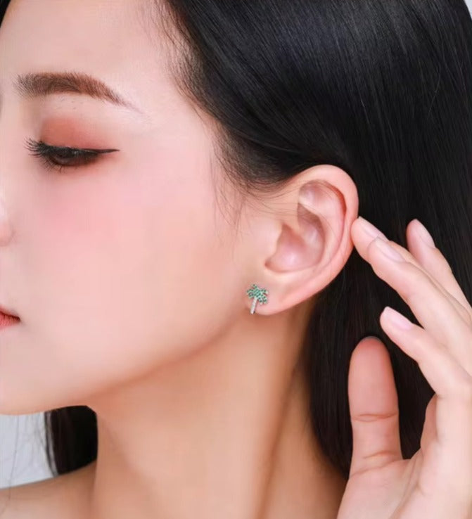 pendientes de tuerca de árbol de Coco para mujer, de cristal verde, planta de plata de ley 2021