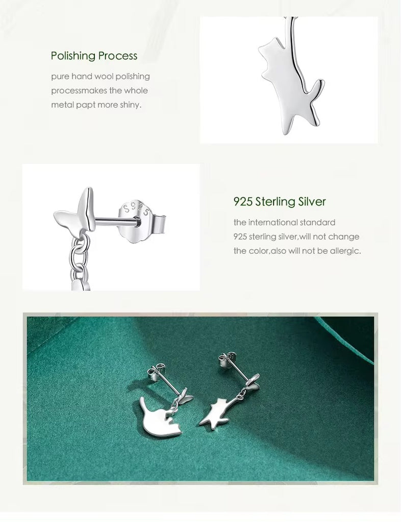 pendientes de plata de ley 925 con forma de gato para mujer